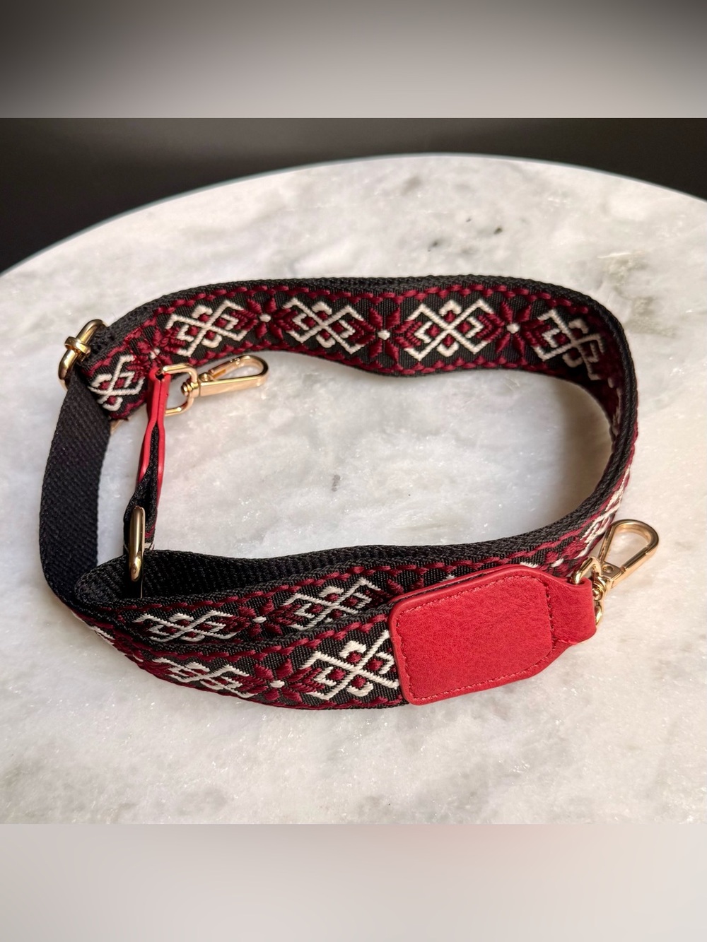 Adjustable Red Patterned Woven Bag Strap w/Gold Hardware